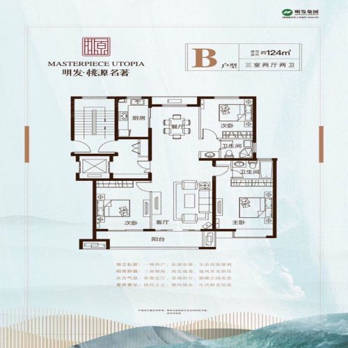 睢宁明发桃源名著洋房B户型124，睢宁明发桃源名著3室2厅2卫1厨约124.00平米户型图，朝南朝向 - 徐州安居客