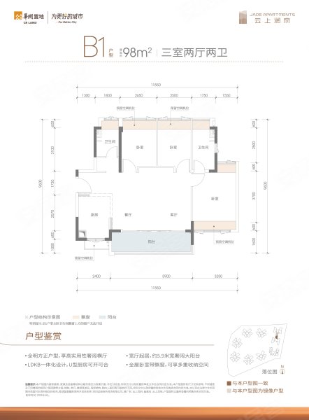 云上润府B1户型,云上润府3室2厅2卫1厨约98.00平米户型图,朝西朝向 - 深圳安居客