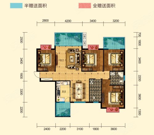 福悦名居136户型,福悦名居4室2厅2卫1厨约136.60平米户型图,朝南朝向 - 衡阳安居客
