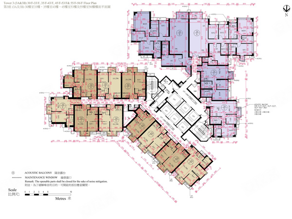匯璽II第3座 （3A及3B） 
30樓至33樓、35樓至43樓、45樓至53樓及55樓至56樓樓面平面圖