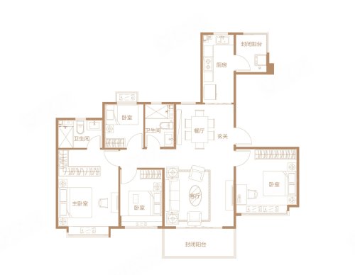 恒大上和府奢阔四居,恒大上和府4室2厅2卫1厨约145.00平米户型图,朝南北朝向 - 北京安居客