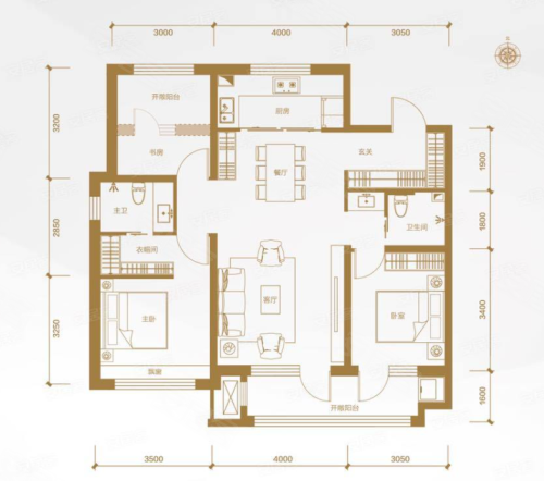 天紫A2,天紫3室2厅2卫1厨约120.00平米户型图,朝南北朝向 - 邢台安居客