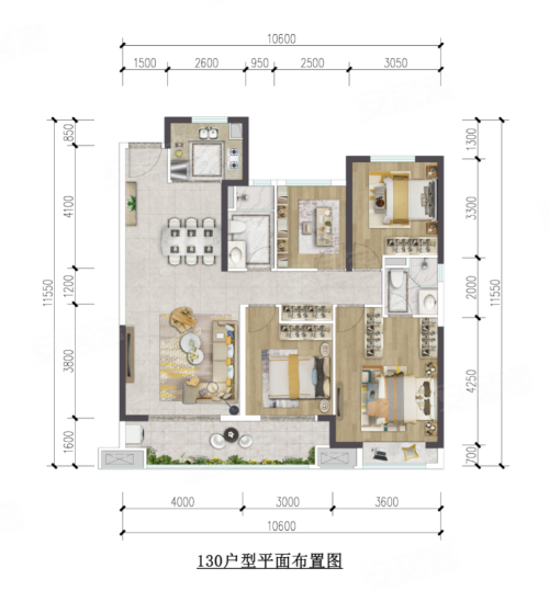 中骏世界城130户型,中骏世界城4室2厅2卫1厨约130.00平米户型图,朝西朝向 - 昭通安居客