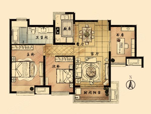 九龙仓时代上城国宾峯雅风华户型，九龙仓时代上城国宾峯3室2厅1卫0厨约100.00平米户型图，朝南朝向 - 苏州安居客