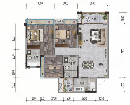 幸福里A3户型，幸福里3室2厅2卫1厨约97.00平米户型图，朝南北朝向 - 资阳安居客