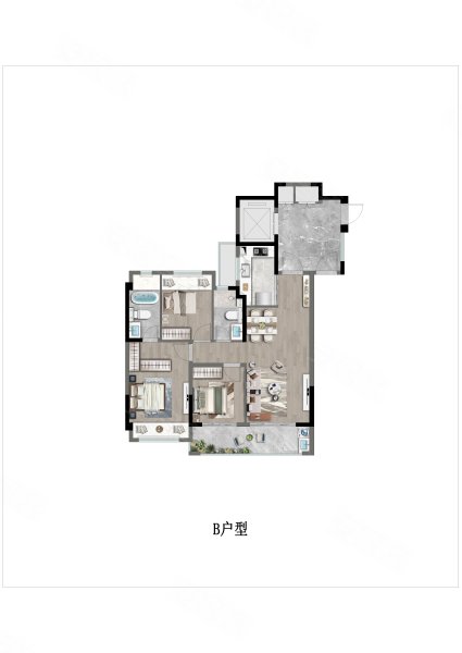 春江云锦·揽月B户型,春江云锦·揽月3室2厅2卫1厨约101.00平米户型图,朝南朝向 - 太仓安居客