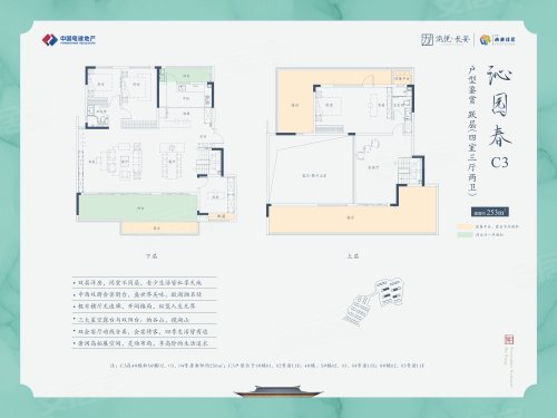 中国电建泷悦长安C3户型洋房,中国电建泷悦长安4室3厅2卫1厨约253.00平米户型图,朝南朝向 - 长沙安居客