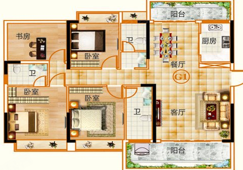 御品豪庭G户型,御品豪庭3室2厅3卫0厨约138.01平米户型图,朝南朝向 - 阳江安居客